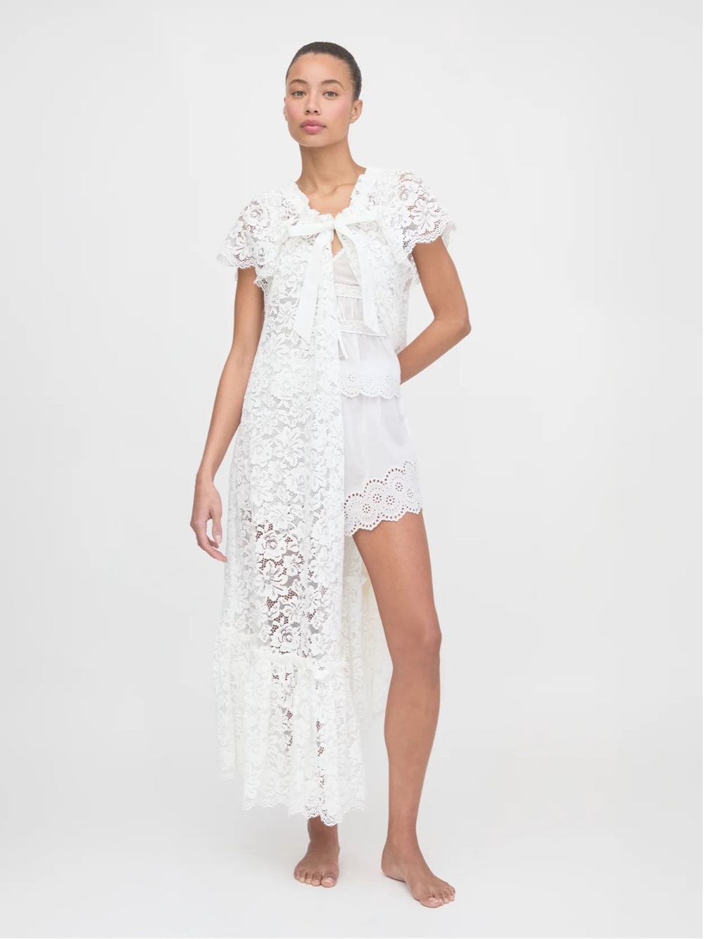 Hill House White Floral Lace Duster Robe with Tie